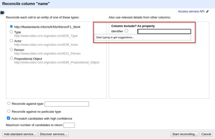 To match entities by property, nagivate to the right side of the window and under Column Include? As property, next to identifer add your desired values. As you type, suggestions may come up.